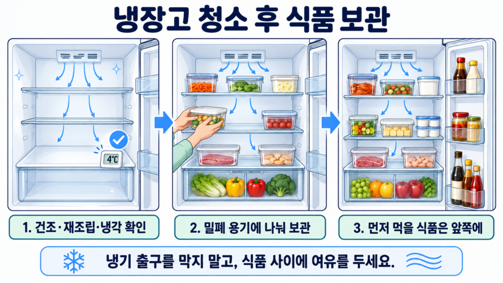냉장고 청소 후 온도계로 냉각 상태를 확인하고 밀폐 용기와 냉기 통로를 고려해 식품을 배치하는 순서