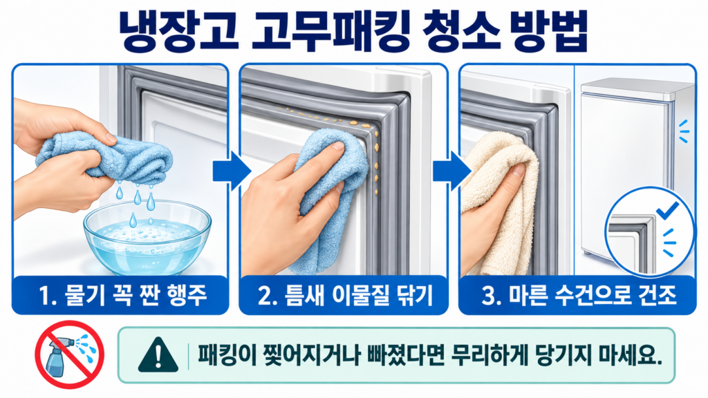 물기를 짠 행주로 냉장고 고무패킹 틈을 닦고 마른 수건으로 건조하는 순서