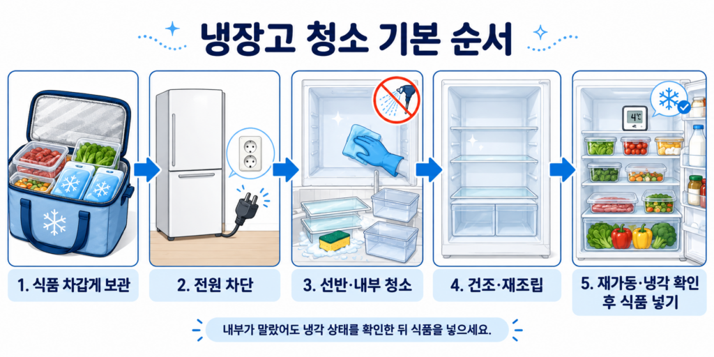 냉장고 청소 전 식품 보냉부터 전원 차단, 세척, 건조·재조립, 냉각 확인까지의 순서