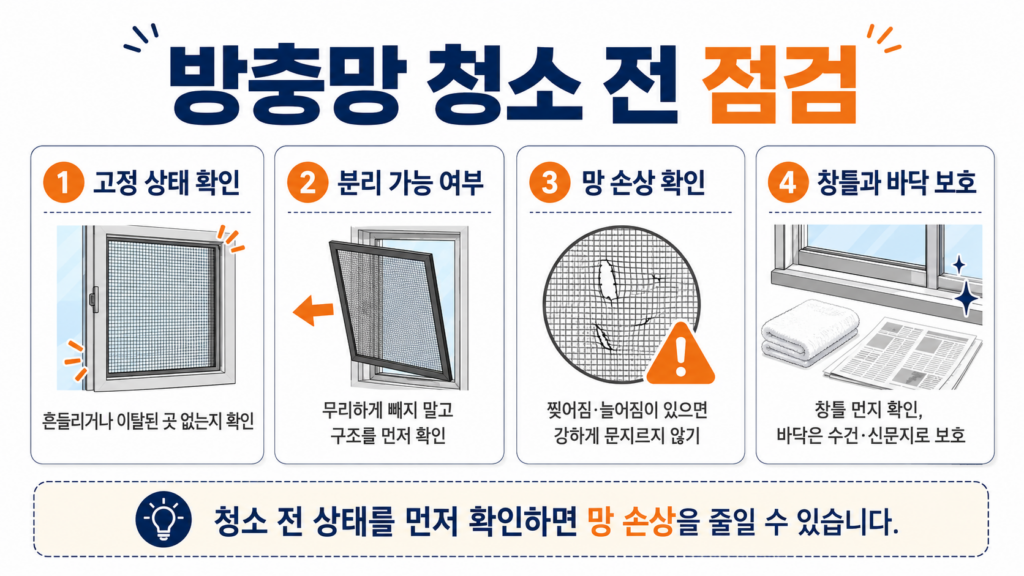 방충망 청소 전 고정 상태와 찢어짐 분리 가능 여부 점검