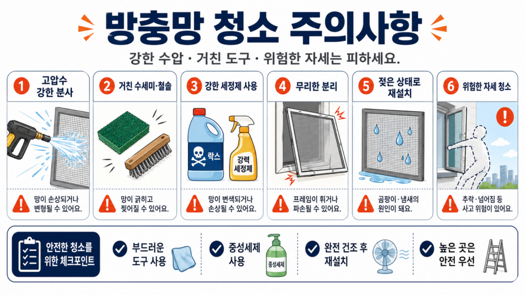 방충망 청소 시 고압수와 거친 수세미 강한 세정제를 피하는 주의사항