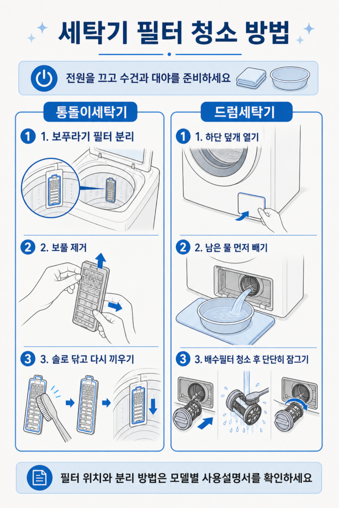 세탁기 청소 시 통돌이 보푸라기 필터와 드럼세탁기 배수필터 관리 방법