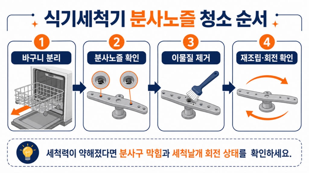 식기세척기 분사노즐과 세척날개 막힘 확인 및 청소 순서