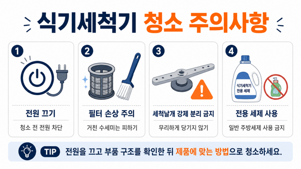 식기세척기 청소 시 전원 차단과 전용 세제 사용 주의사항