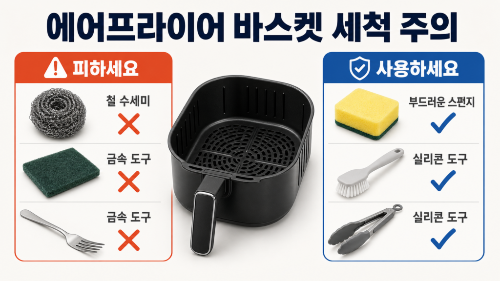에어프라이어 바스켓 코팅 손상을 막기 위해 피해야 할 철수세미와 금속도구