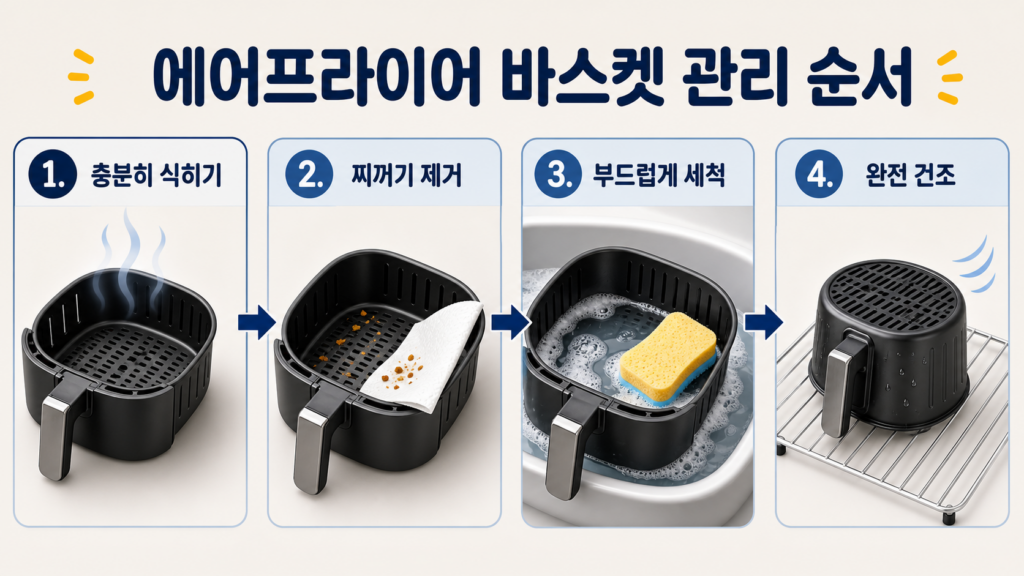 에어프라이어 바스켓 코팅 관리를 위한 식히기 세척 건조 보관 순서