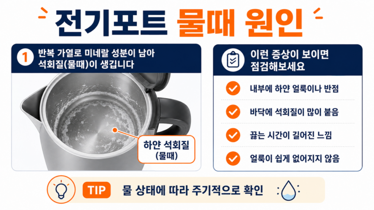 전기포트 내부 하얀 물때와 석회질 발생 원인 점검