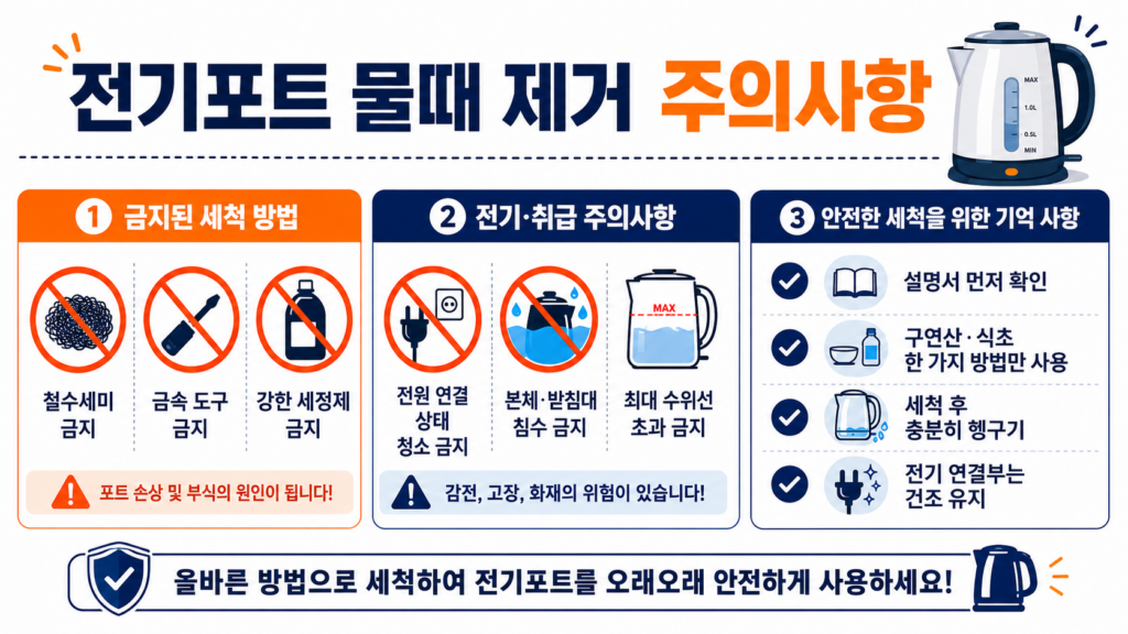 전기포트 물때 제거 시 철수세미와 강한 세정제를 피하는 주의사항
