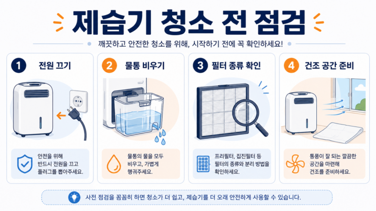 제습기 청소 전 전원 물통 필터와 건조 공간 점검
