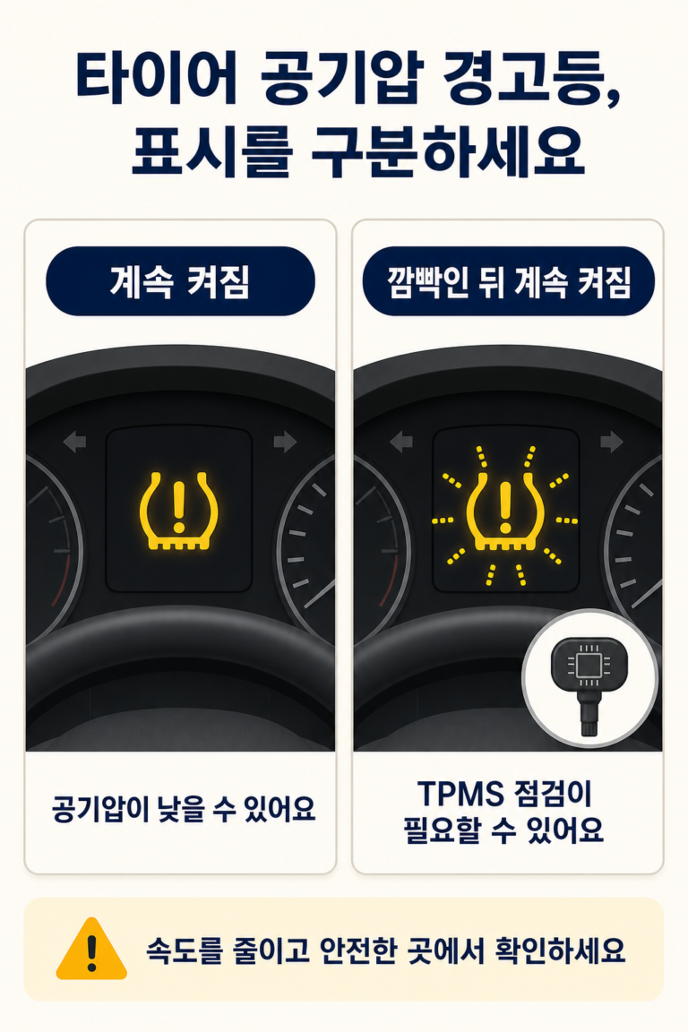 타이어 공기압 경고등이 켜진 자동차 계기판