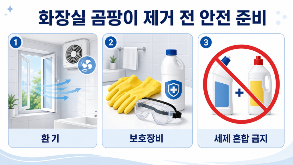 화장실 곰팡이 제거 전 환기 고무장갑 보호안경 세제 혼합 금지 준비