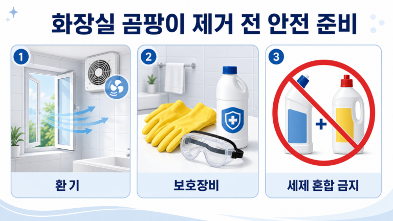 화장실 곰팡이 제거 전 환기 고무장갑 보호안경 세제 혼합 금지 준비