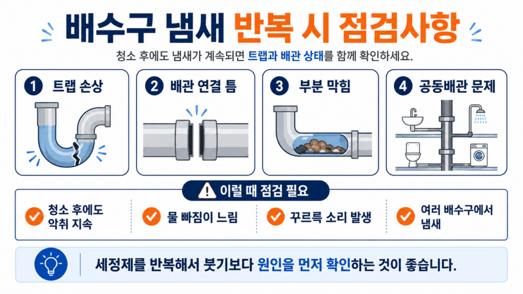 배수구 청소 후에도 냄새가 반복될 때 트랩 배관 막힘 점검사항