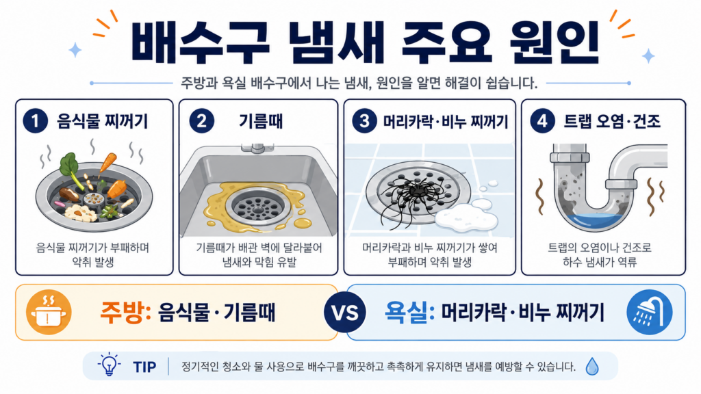 주방과 욕실 배수구 냄새의 음식물 머리카락 트랩 오염 원인
