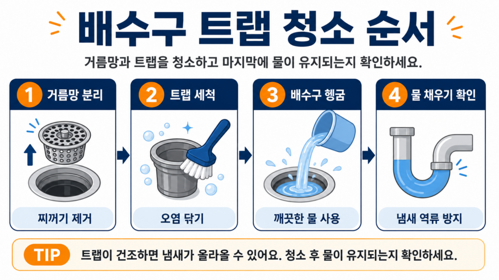 배수구 거름망 청소와 트랩 분리 세척 물 채우기 순서