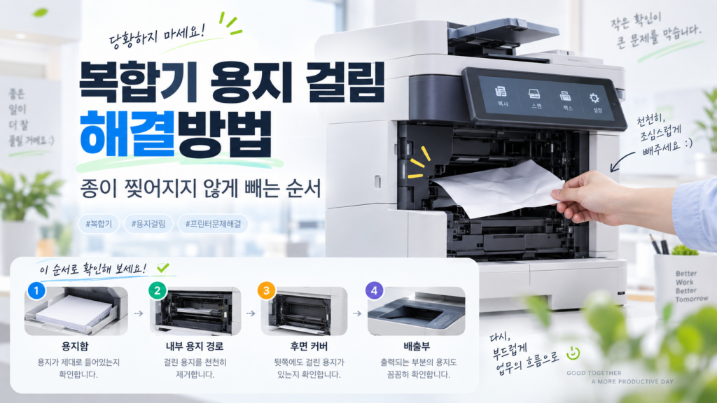 복합기 용지 걸림 해결방법과 용지함 내부 후면 배출부 확인 순서를 정리한 대표 이미지
