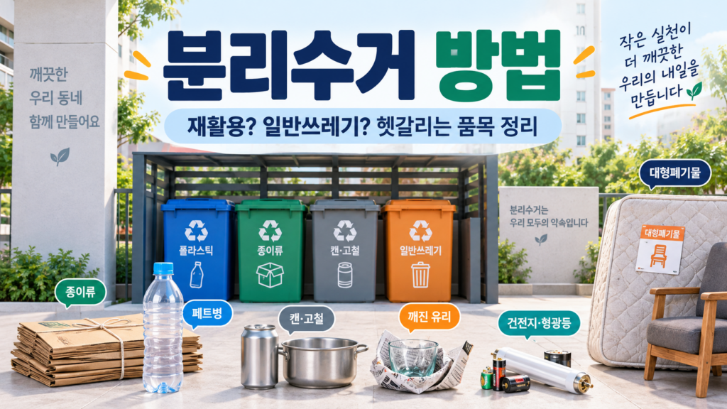 분리수거 방법과 재활용·일반쓰레기 구분을 보여주는 안내 이미지