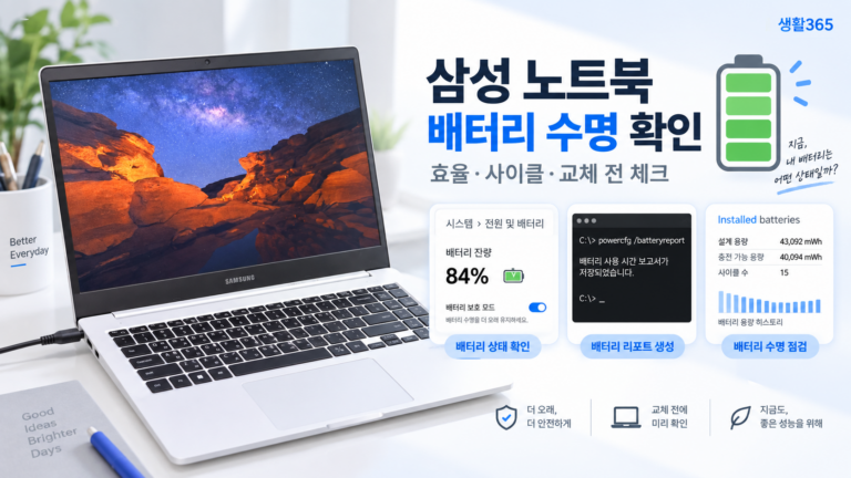 삼성 노트북 배터리 수명 확인과 효율 사이클 교체 전 점검 방법을 정리한 대표 이미지