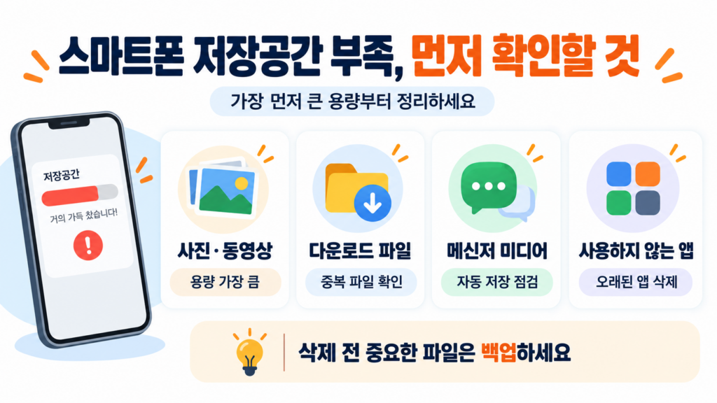 스마트폰 저장공간 사진 동영상 카카오톡 앱 정리 순서