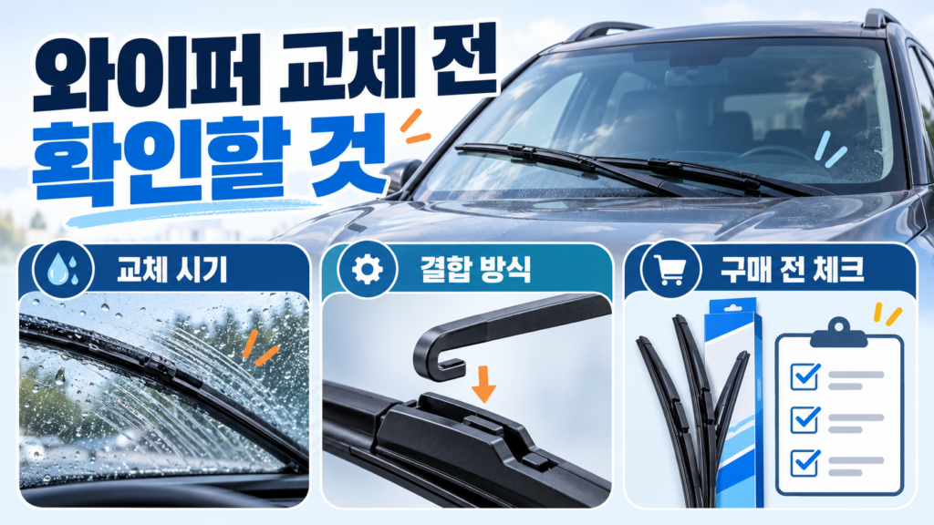 와이퍼 교체 전 교체 시기와 결합 방식, 구매 전 확인 사항을 정리한 이미지