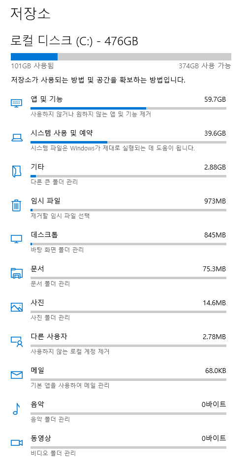 PC 저장공간 확보법 정리 후 윈도우 사용량 101GB 확인