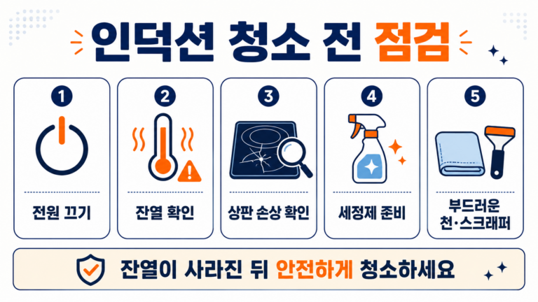 인덕션 눌은 자국 제거 전 전원과 잔열 상판 상태 확인