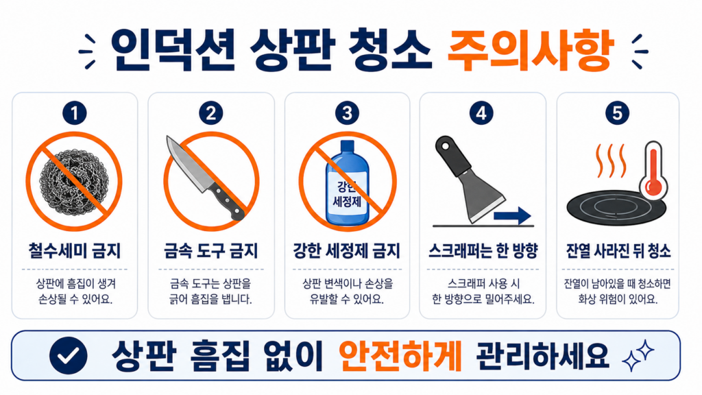 인덕션 상판 청소 시 철수세미 강한 세정제 금속 도구 사용 금지