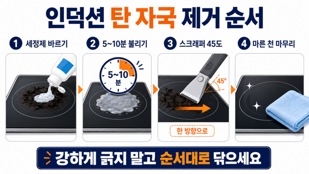 인덕션 탄 자국을 세정제로 불리고 스크래퍼를 45도로 사용하는 순서