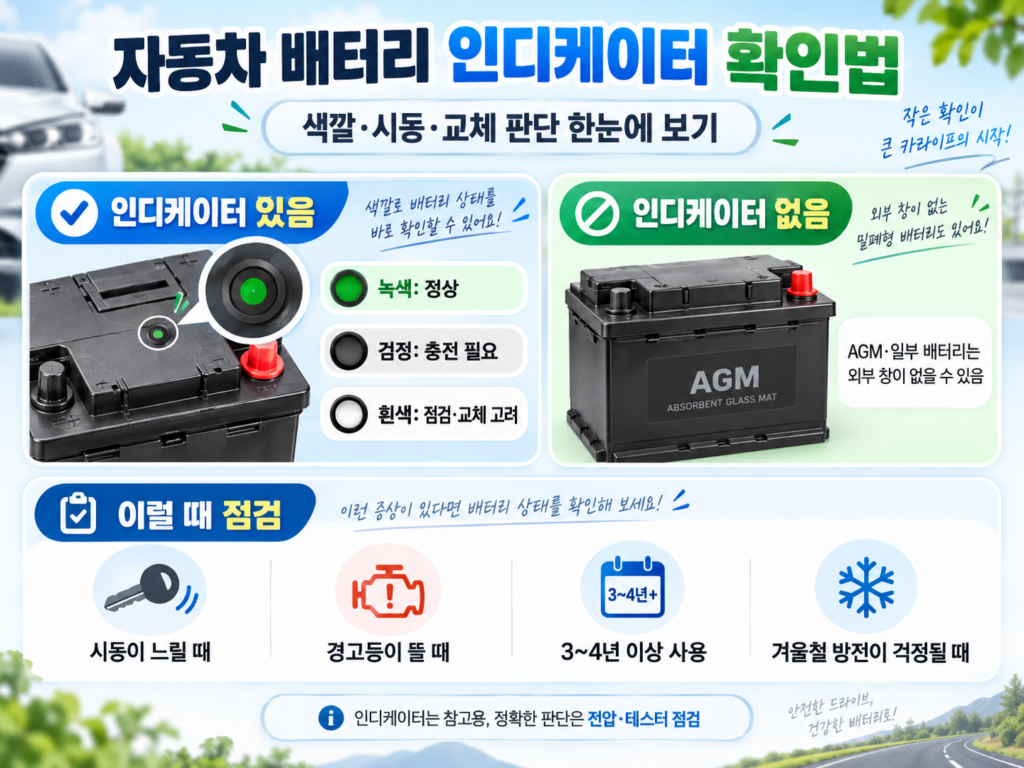자동차 배터리 인디케이터 확인법과 인디케이터 유무, 시동·교체 판단을 요약한 이미지