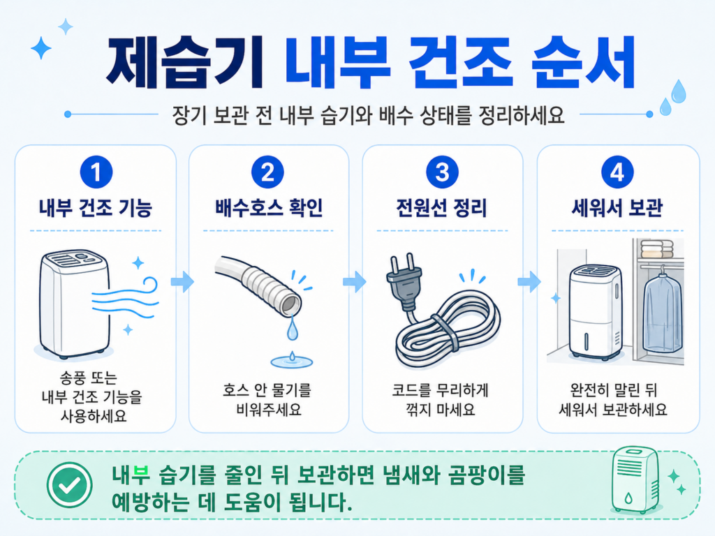 제습기 보관 전 내부 송풍 건조와 배수호스 정리