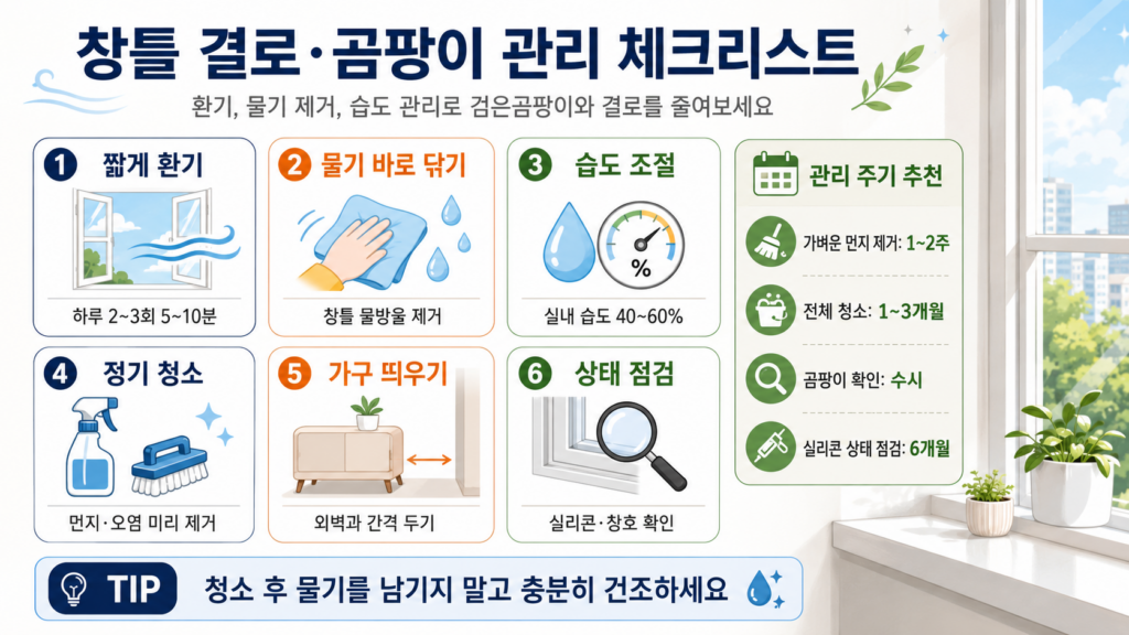 창틀 결로 검은곰팡이 예방 환기 물기 제거 관리 체크리스트