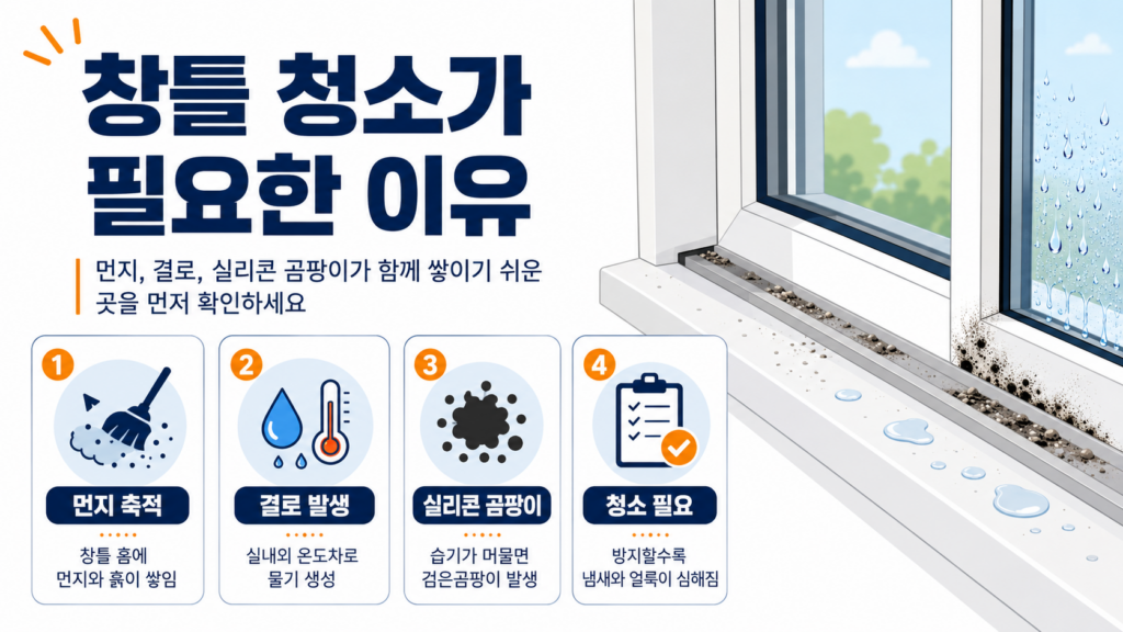창틀 청소가 필요한 먼지 결로 실리콘 곰팡이 원인