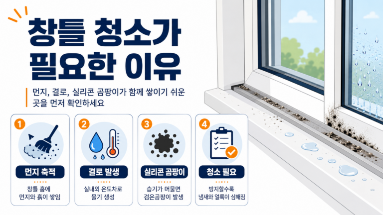 창틀 청소가 필요한 먼지 결로 실리콘 곰팡이 원인