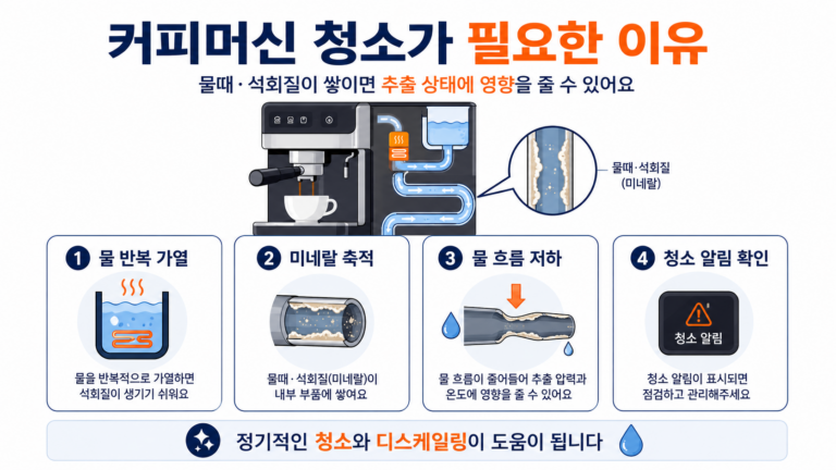 커피머신 청소가 필요한 물때 석회질 스케일 발생 원인